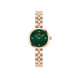 Rose gold women’s watch with a green malachite dial, crystal hour markers, and a polished three-link bracelet.