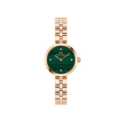 Rose gold women’s watch with a green malachite dial, crystal hour markers, and a polished three-link bracelet.
