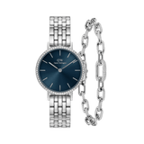 Silver Daniel Wellington watch with a five-link bracelet, arctic blue dial, and crystal-set bezel, paired with a matching silver crystal link bracelet. The set combines classic elegance with a modern touch, highlighted by the sparkling crystal details.