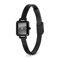 Quadro Mini Reflection Black women’s watch featuring a rectangular mirror glass dial, polished black case, and a fine black mesh stainless steel strap with an adjustable clasp.