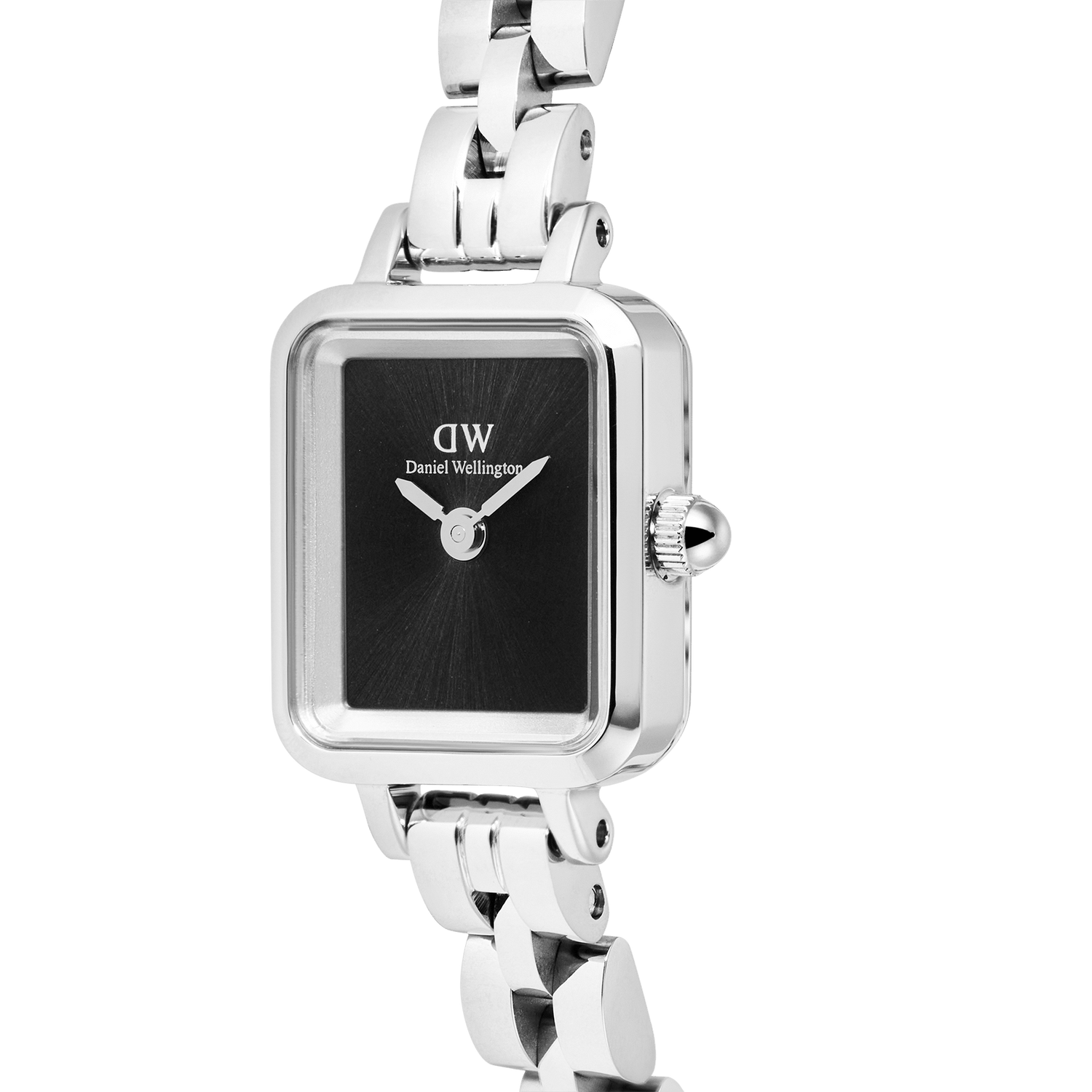 Close-up of the Quadro Mini Arch 3-link Onyx Sunray Silver watch, showcasing its rectangular black sunray dial, polished stainless steel case, and elegant three-link bracelet.