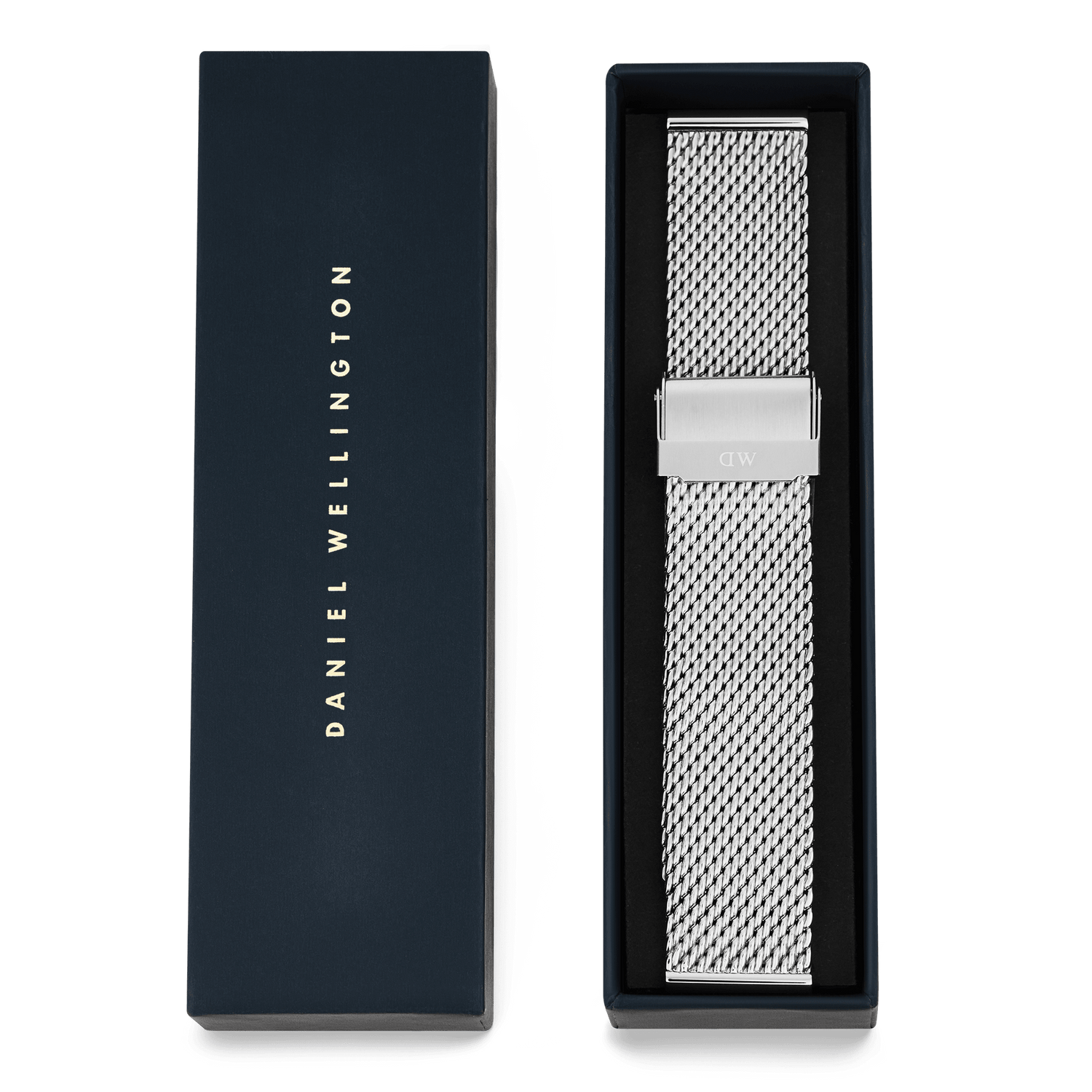 Daniel Wellington Mesh Sterling Strap Silver displayed in an elegant branded box, featuring a polished woven mesh design and a secure clasp for a refined watch upgrade.