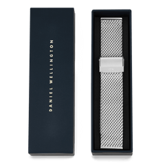 Daniel Wellington Mesh Sterling Strap Silver displayed in an elegant branded box, featuring a polished woven mesh design and a secure clasp for a refined watch upgrade.