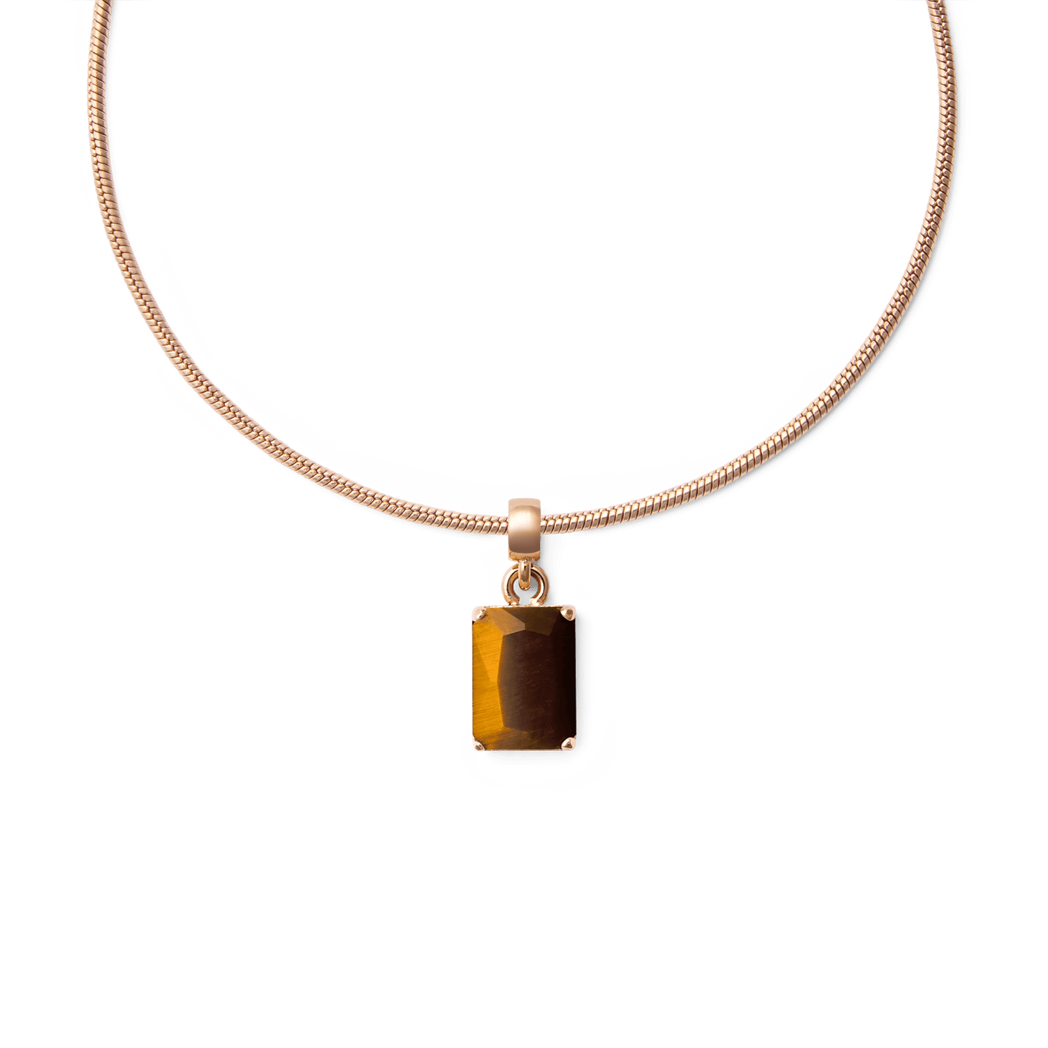 Octagonal tiger eye stone charm set in rose gold PVD plated stainless steel, suspended from a sleek rose gold necklace for a refined, modern finish.