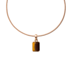 Octagonal tiger eye stone charm set in rose gold PVD plated stainless steel, suspended from a sleek rose gold necklace for a refined, modern finish.