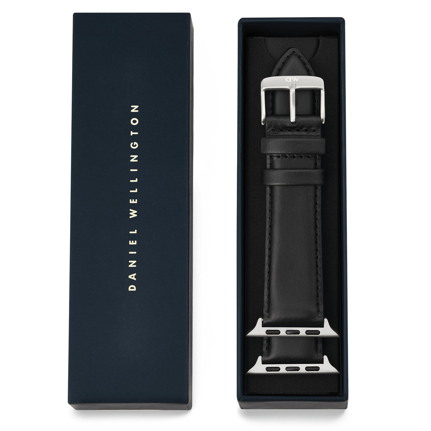 Daniel Wellington Sheffield Silver black leather smartwatch strap with polished silver buckle, presented in a signature navy gift box, designed to fit the Apple Watch Ultra.
