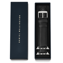 Daniel Wellington Sheffield Silver black leather smartwatch strap with polished silver buckle, presented in a signature navy gift box, designed to fit the Apple Watch Ultra.