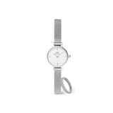 Petite silver mesh strap watch with a minimalist round face, paired with a matching pavé crystal ring, both crafted in polished steel for an elegant and coordinated look.