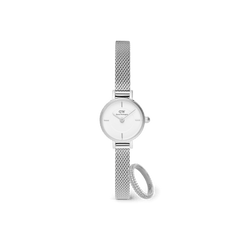 Petite silver mesh strap watch with a minimalist round face, paired with a matching pavé crystal ring, both crafted in polished steel for an elegant and coordinated look.