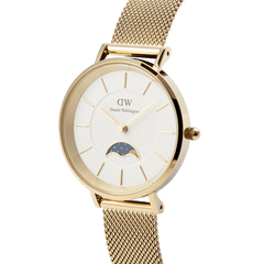 Petite Lune Evergold women’s watch featuring a gold mesh strap, white textured dial, and a moon phase sub-dial in a polished gold case.