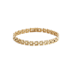 Gold three-link bracelet with a polished finish, featuring a bold, watch-inspired design and a secure fold-over clasp.