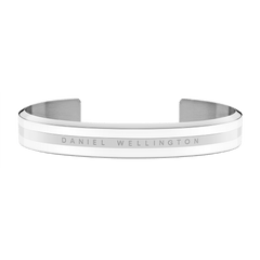 Satin white enamel and polished silver-tone Daniel Wellington Emalie Bracelet with engraved logo, shown as a minimalist open bangle.