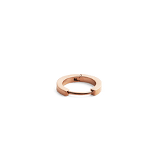 Minimalist rose gold hoop earring in polished stainless steel, shown open to highlight its secure clasp and petite size.