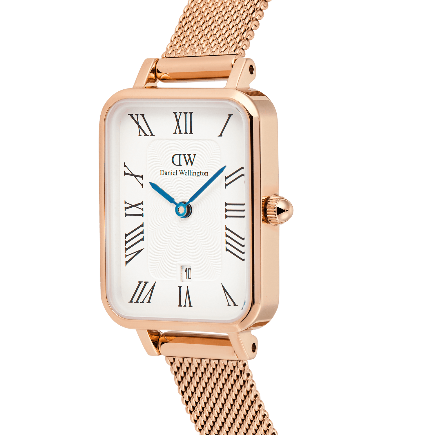 Close-up of the Quadro Melrose women’s watch with a rectangular rose gold case, white dial featuring Roman numerals, blue hands, guilloché detailing, and a rose gold mesh strap. The date window is positioned at 6 o’clock for added practicality.