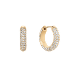 Gold-plated hoop earrings set with rows of sparkling pavé cubic zirconia crystals in a claw setting, shown from front and side angles.