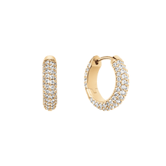 Gold-plated hoop earrings set with rows of sparkling pavé cubic zirconia crystals in a claw setting, shown from front and side angles.