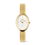 Slim oval gold women’s watch with a white sunray dial, polished gold indices, and a distinctive braided mesh strap, featuring a seamless design and elegant, vintage-inspired styling.