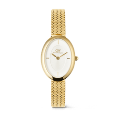 Slim oval gold women’s watch with a white sunray dial, polished gold indices, and a distinctive braided mesh strap, featuring a seamless design and elegant, vintage-inspired styling.