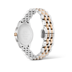 Rear view of the Ophelia Mini Two-Tone Rose Gold watch, highlighting the engraved stainless steel case back and the alternating silver and rose gold beans link bracelet with butterfly clasp.