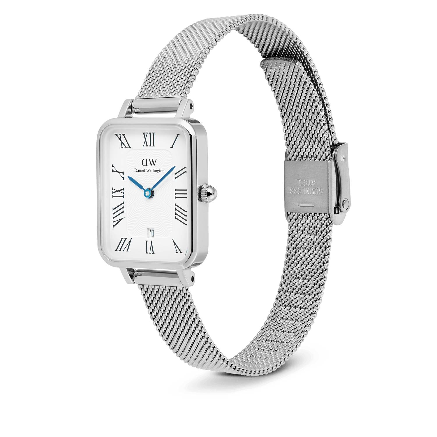 Quadro Sterling Roman Numerals Date watch featuring a rectangular white guilloché dial with Roman numerals, blue hands, a date window at six o’clock, and an adjustable polished silver mesh strap.