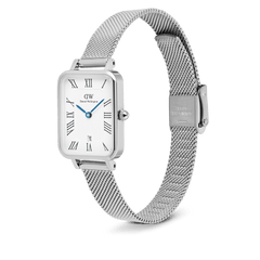 Quadro Sterling Roman Numerals Date watch featuring a rectangular white guilloché dial with Roman numerals, blue hands, a date window at six o’clock, and an adjustable polished silver mesh strap.
