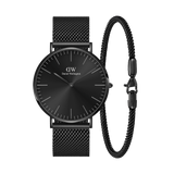 Sleek Daniel Wellington Classic and Tide Mesh Ashfield Set featuring a minimalist black watch with a sunray dial and matching black stainless steel mesh strap, paired with a coordinating black mesh bracelet for a refined, modern look.