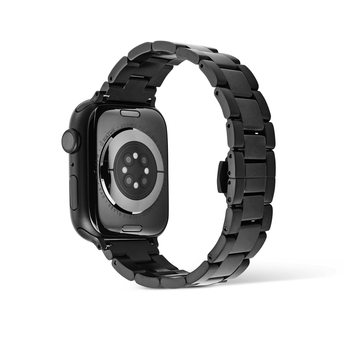 Rear view of an Apple Watch fitted with the Smartwatch Iconic Link Onyx strap, highlighting the black PVD-plated stainless steel links and butterfly clasp for a sleek, contemporary finish.