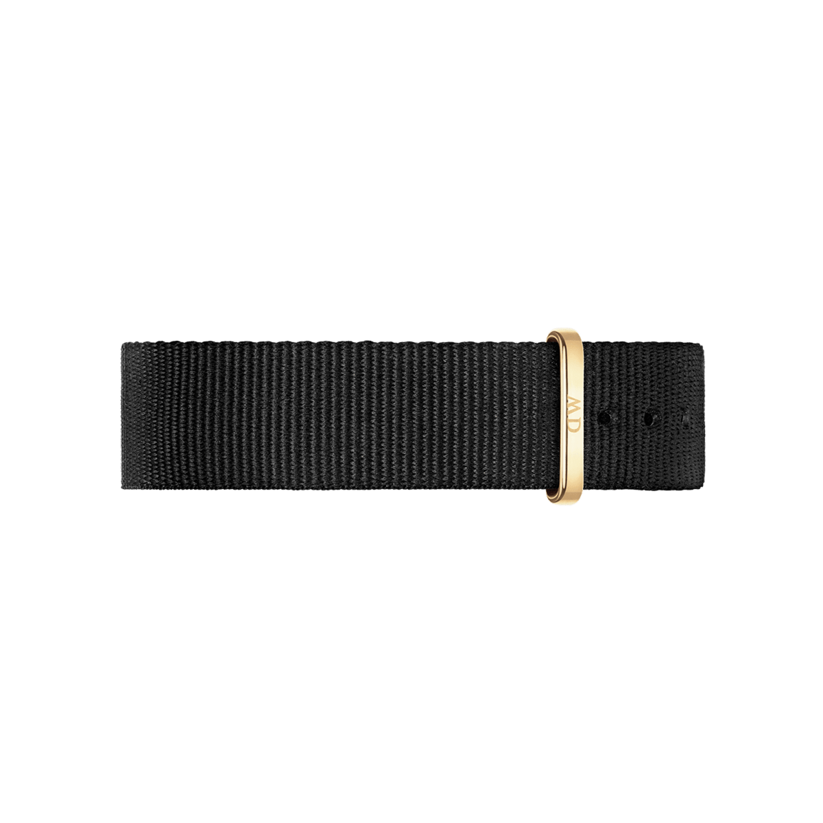 Black polyester NATO watch strap featuring a gold buckle and hardware, showcasing a minimalist and elegant design suitable for both men’s and women’s timepieces.