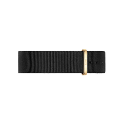 Black polyester NATO watch strap featuring a gold buckle and hardware, showcasing a minimalist and elegant design suitable for both men’s and women’s timepieces.
