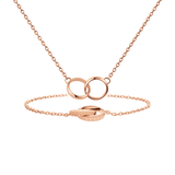 Rose gold bracelet and necklace set featuring interlocking circle pendants on delicate chains, both engraved with Daniel Wellington branding for an elegant, coordinated look.