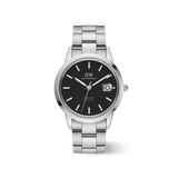 Iconic Link Automatic men’s watch with a silver stainless steel bracelet, minimalist black dial, luminous markers, and a magnified date window.