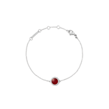 Silver bracelet with adjustable chain, featuring a central red agate stone encircled by white cubic zirconia crystals.