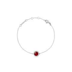 Silver bracelet with adjustable chain, featuring a central red agate stone encircled by white cubic zirconia crystals.