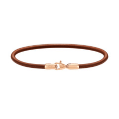 Slim brown leather bracelet with a rose gold lobster clasp and minimalist design, ideal for everyday wear.