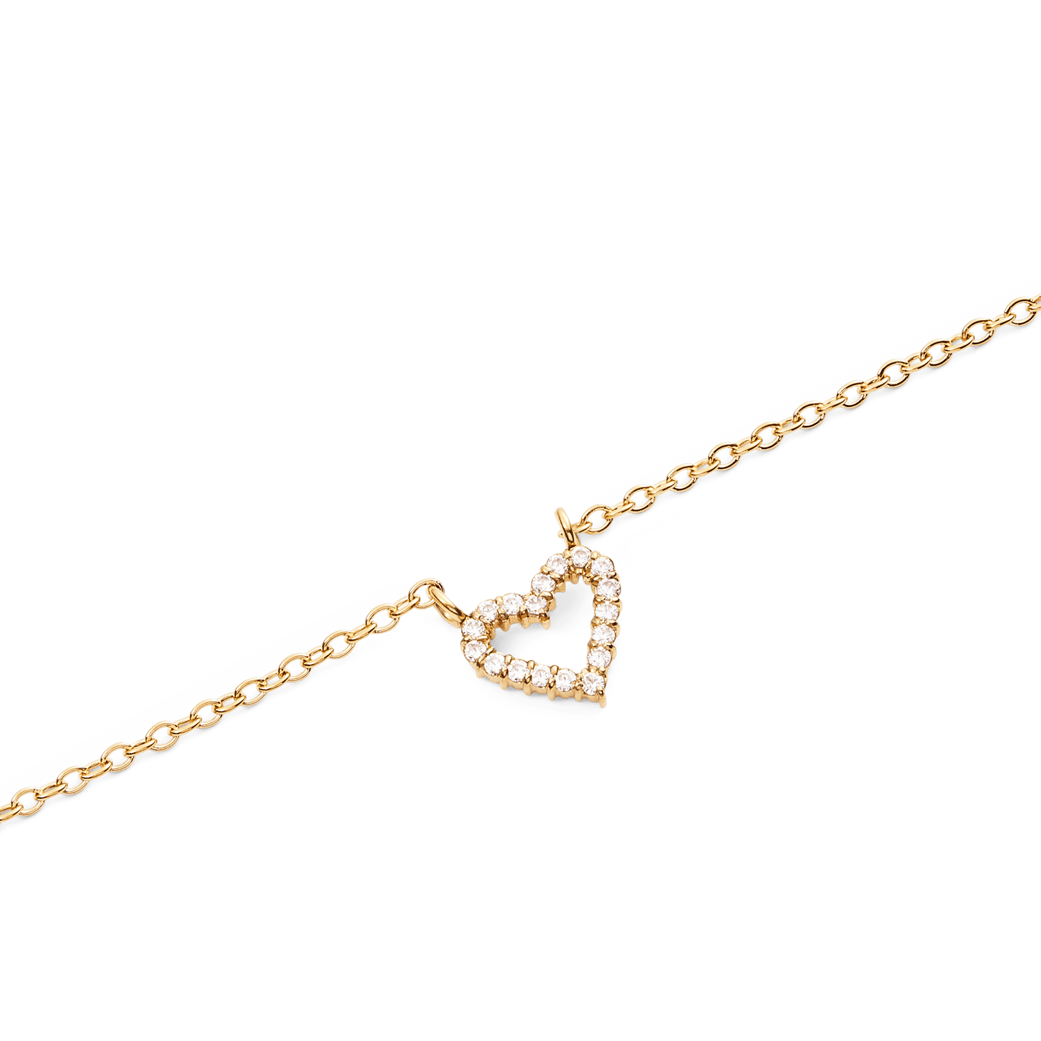 Close-up of the Mirelle Heart Necklace Gold, featuring a fine gold chain and an open heart pendant set with sparkling white cubic zirconia crystals for a refined, elegant finish.
