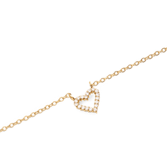 Close-up of the Mirelle Heart Necklace Gold, featuring a fine gold chain and an open heart pendant set with sparkling white cubic zirconia crystals for a refined, elegant finish.