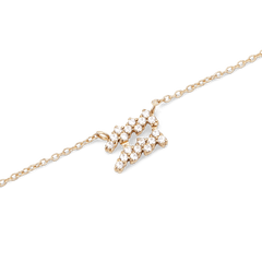 Close-up of a gold chain necklace featuring a zodiac pendant encrusted with sparkling hand-set crystals.