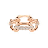 Rose gold chain link ring featuring interlocking links, each set with sparkling cubic zirconia crystals in a claw setting, showcasing a bold and modern design.