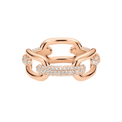 Rose gold chain link ring featuring interlocking links, each set with sparkling cubic zirconia crystals in a claw setting, showcasing a bold and modern design.