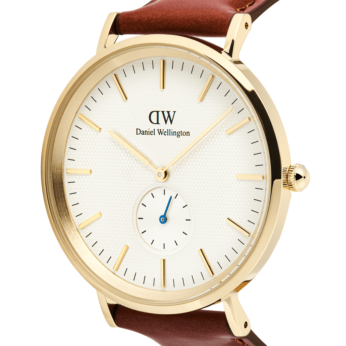 Close-up of the Classic Multi-Eye St Mawes Off-white Sunray Gold watch, showing the gold case, textured off-white dial with gold hour markers, blue sub-second hand, and brown leather strap.