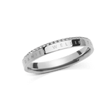 Polished silver ring crafted from 316L stainless steel, featuring a row of white cubic zirconia crystals along the chamfered edge and engraved with the Daniel Wellington name.
