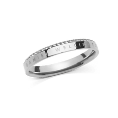 Polished silver ring crafted from 316L stainless steel, featuring a row of white cubic zirconia crystals along the chamfered edge and engraved with the Daniel Wellington name.