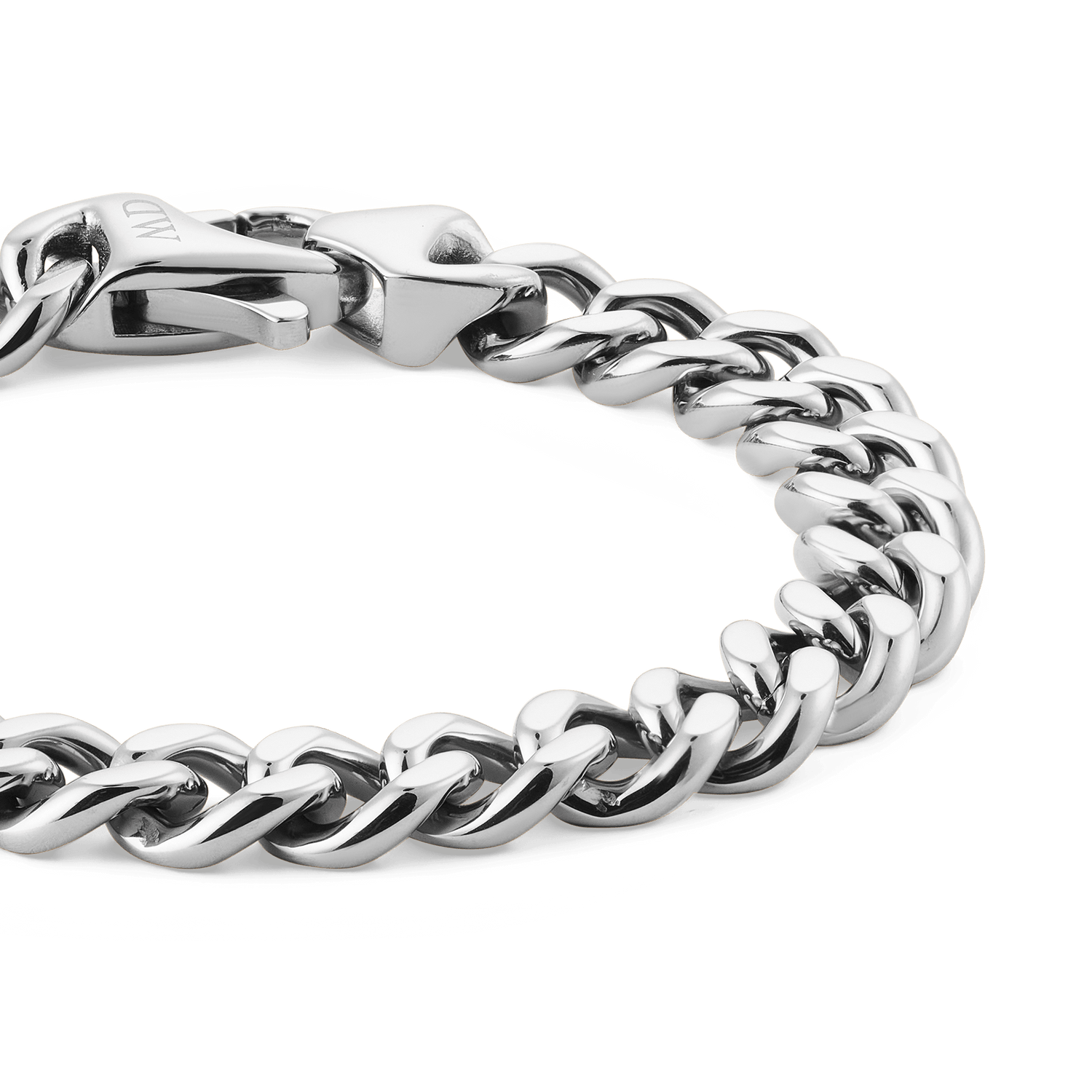 Close-up of the Ellipse Cuban Chain Bracelet Silver, highlighting its chunky, polished stainless steel links and secure lobster clasp with a reflective finish.