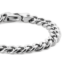 Close-up of the Ellipse Cuban Chain Bracelet Silver, highlighting its chunky, polished stainless steel links and secure lobster clasp with a reflective finish.