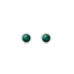 Silver stud earrings with round green malachite centre and cubic zirconia halo, Daniel Wellington Audrey collection.