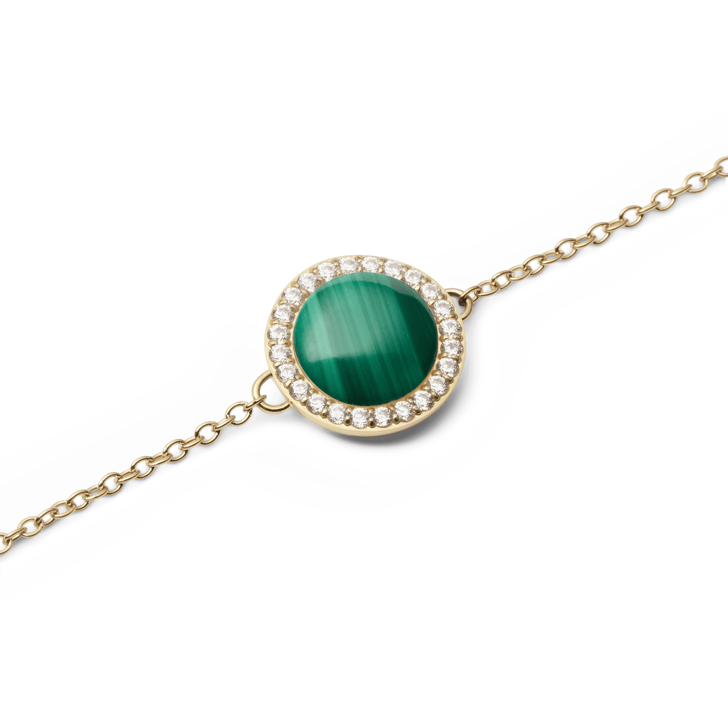 Close-up of Audrey Bracelet Malachite Gold featuring a round green malachite stone framed by sparkling cubic zirconia on a gold chain.