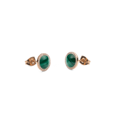 Audrey Earrings in rose gold with round green malachite centre and cubic zirconia halo, butterfly back fastening.