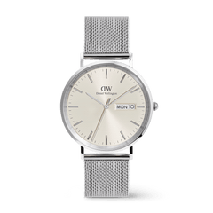 Classic men’s watch with a round silver stainless steel case, champagne dial featuring a subtle triangle pattern, day and date display, and a silver mesh strap with a secure buckle.