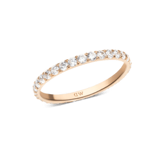 Slim rose gold eternity ring featuring a row of sparkling white cubic zirconia crystals set in a 2mm stainless steel band, offering a refined and elegant look.
