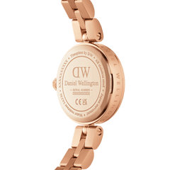 Back view of the Elan Lumine Unitone Rose Gold watch, showing the engraved Daniel Wellington branding, stainless steel case, and three-link rose gold bracelet.
